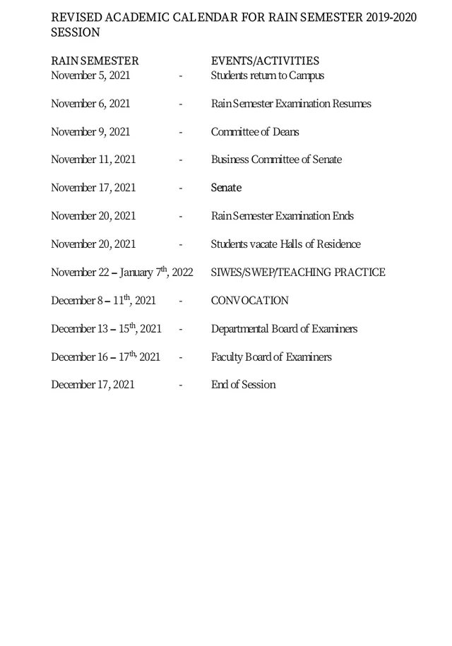 OAU RELEASES REVISED ACADEMIC CALENDAR FOR 2021/2022 ACADEMIC SESSION